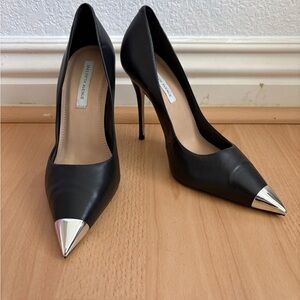 Black Pointed-Toe Stiletto Pumps with Silver Cap Toe - Saks Fifth Avenue Sz 6.5